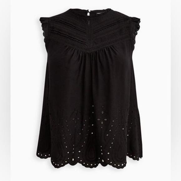 [4/4X]Torrid Eyelet Pintuck Detail Black Sleeveless Ruffled Blouse - Picture 3 of 12